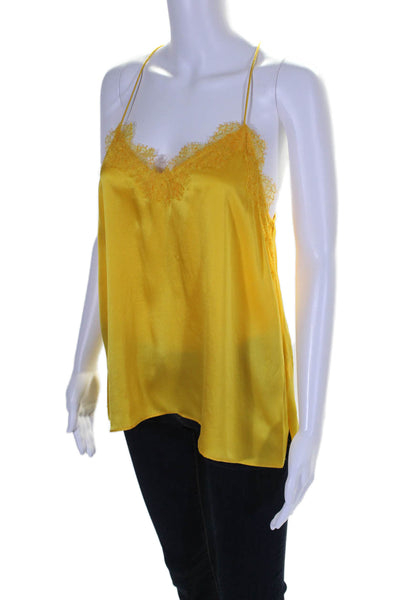 Cami Womens Silk Lace Trim V-Neck Pullover Tank Top Blouse Yellow Size M