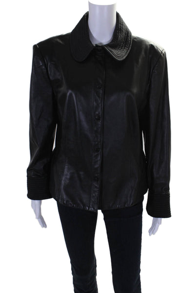 Armani Collezioni Womens Leather Button Down Crew Neck Jacket Black Size 16