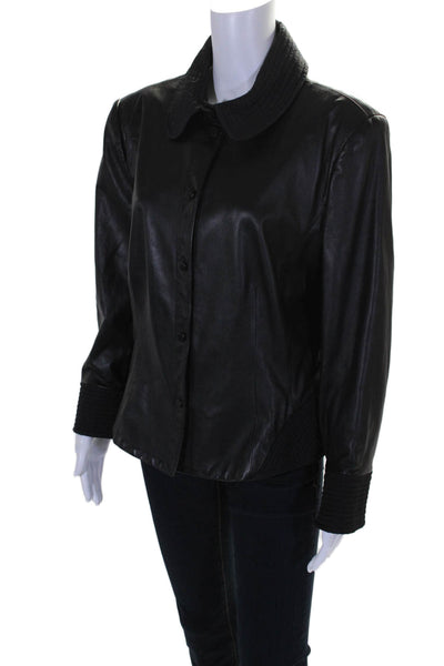 Armani Collezioni Womens Leather Button Down Crew Neck Jacket Black Size 16