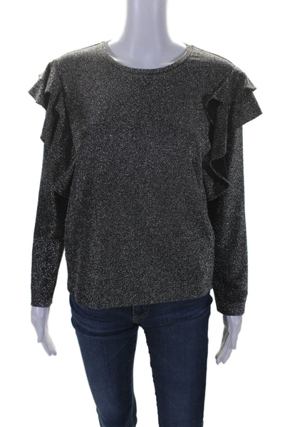 Rebecca Minkoff Womens Metallic Glitter Ruffled Blouse Top Pewter Silver Size XS