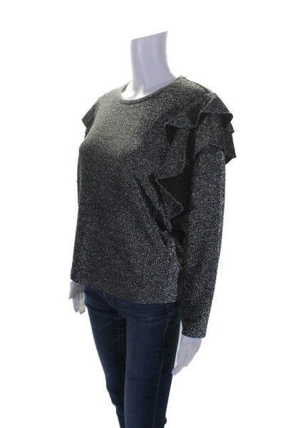 Rebecca Minkoff Womens Metallic Glitter Ruffled Blouse Top Pewter Silver Size XS