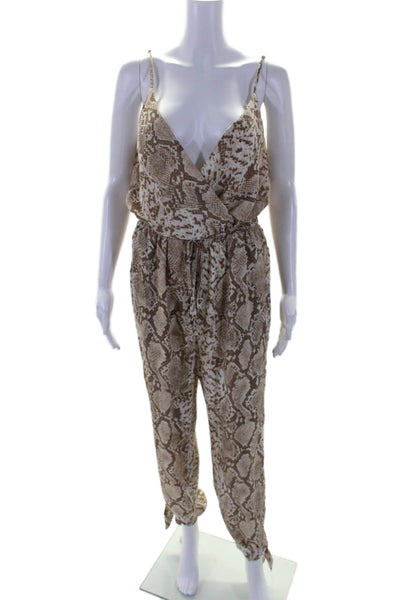 Dress Forum Womens Brown Snakeskin Print V-Neck Slit Cuff Ankle Jumpsuit Size L