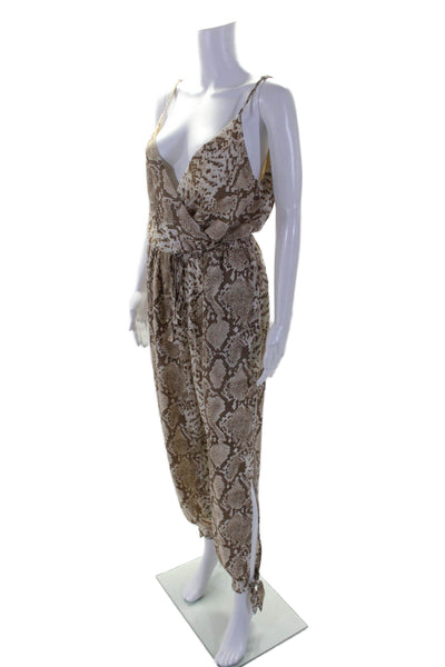 Dress Forum Womens Brown Snakeskin Print V-Neck Slit Cuff Ankle Jumpsuit Size L