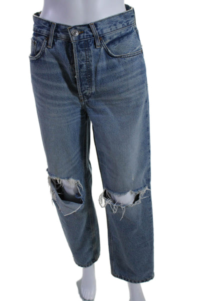 Re/Done Womens Cotton Denim Distressed Button Fly High-Rise Jeans Blue Size 24