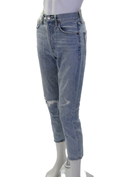 Agolde Womens Button Fly High Rise Distressed Straight Leg Jeans Blue Size 23