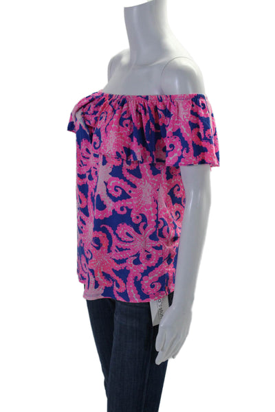 Lilly Pulitzer Womens Printed Off The Shoulder Blouse Blue Pink Size Medium