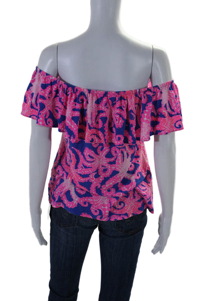 Lilly Pulitzer Womens Printed Off The Shoulder Blouse Blue Pink Size Medium