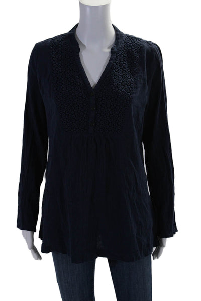 Lilly Pulitzer Womens Crochet Long Sleeves Blouse Navy Blue Cotton Size Medium