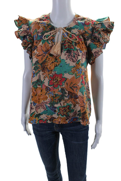 Love The Label Womens Short Sleeve Floral Print Scoop Neck Blouse Beige Small