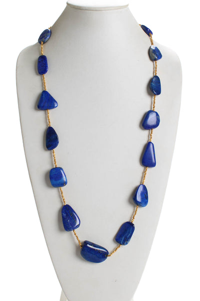 Jaded Jewels NYC Gold Tone Tumbled Lapis Station Necklace 35"