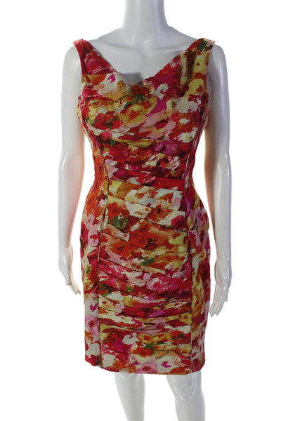 Theia Womens Cotton Abstract Print Pleated Front Sheath Dress Multicolor Size 4