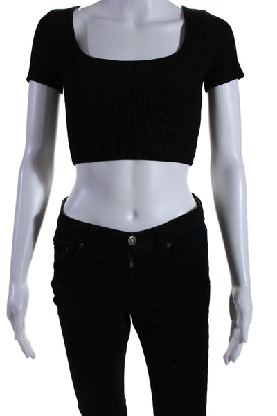 Babaton Womens Tight Knit Short Sleeve Square Neck Cropped Shirt Black Size XS