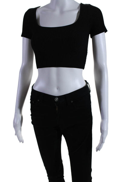 Babaton Womens Tight Knit Short Sleeve Square Neck Cropped Shirt Black Size XS