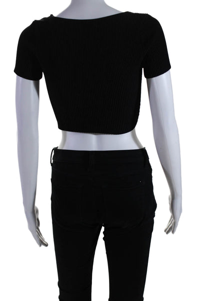 Babaton Womens Tight Knit Short Sleeve Square Neck Cropped Shirt Black Size XS