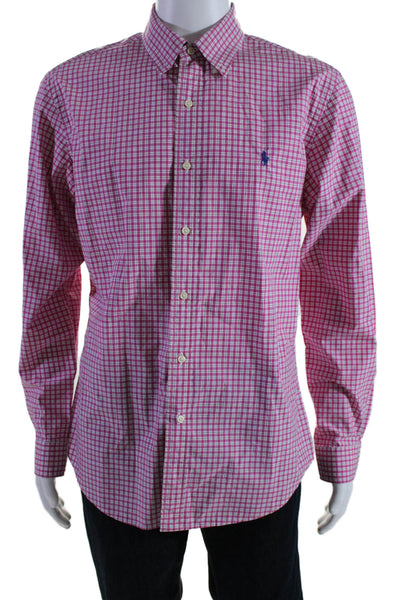 Polo Ralph Lauren Mens Button Front Plaid Slim Collared Shirt Pink White Large