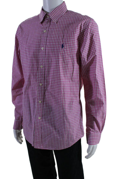 Polo Ralph Lauren Mens Button Front Plaid Slim Collared Shirt Pink White Large