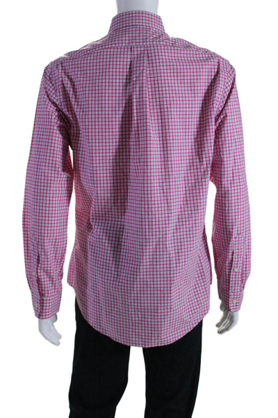 Polo Ralph Lauren Mens Button Front Plaid Slim Collared Shirt Pink White Large