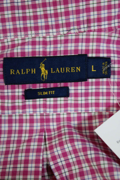 Polo Ralph Lauren Mens Button Front Plaid Slim Collared Shirt Pink White Large