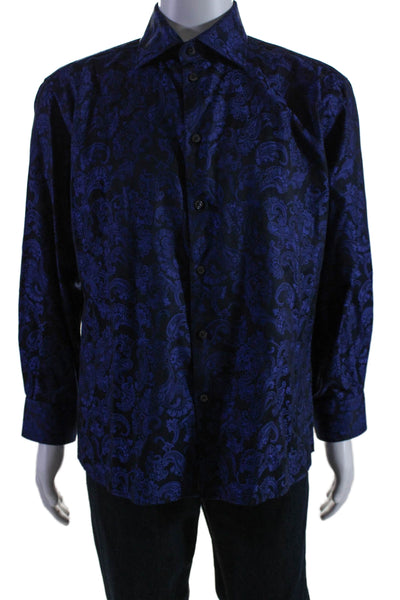 DUCHAMP Mens Button Front Collared Floral Dress Shirt Blue Black Size 17.5