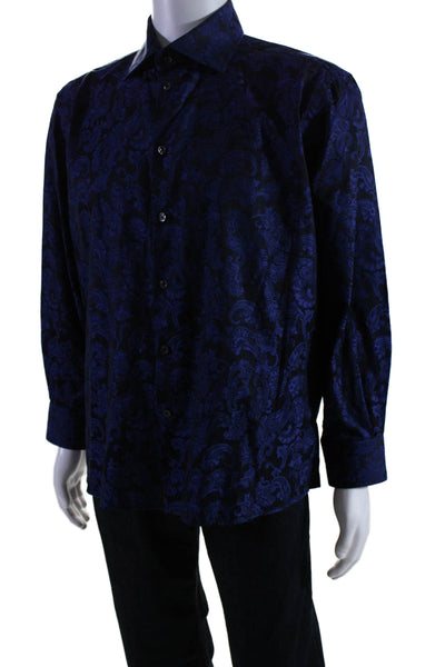 DUCHAMP Mens Button Front Collared Floral Dress Shirt Blue Black Size 17.5