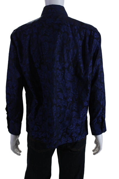 DUCHAMP Mens Button Front Collared Floral Dress Shirt Blue Black Size 17.5