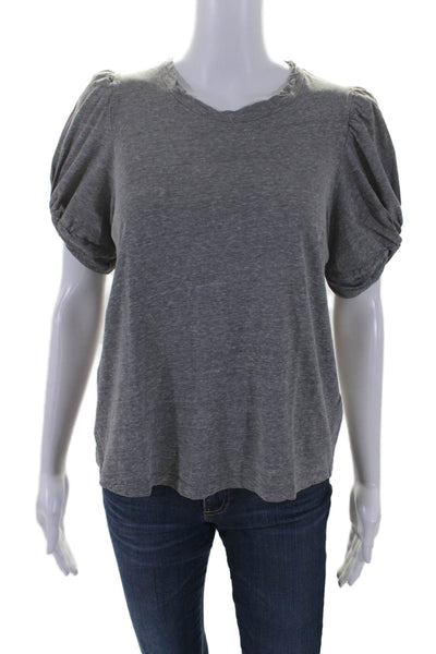 ALC Women's Round Neck Puff Sleeves Basic Cotton T-Shirt Gray Size L