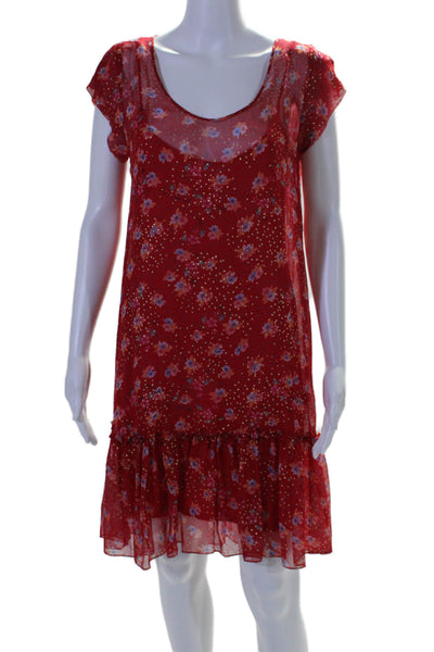 Ella Moss Womens Layered Floral Print Round Neck Short Sleeve Dress Red Size S