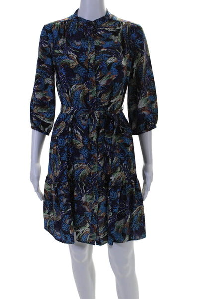 Saloni Womens Abstract Round Neck Long Sleeve Button Up Dress Blue Size 2