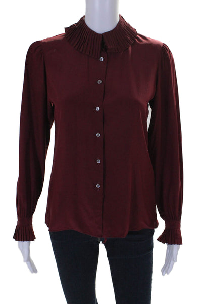 Gloria Sachs Women's Long Sleeves Button Down Ruffle Blouse Burgundy Size 4