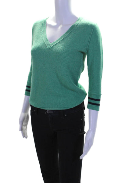 De Rigueur Womens Green Striped V-Neck 3/4 Sleeve Wool Blend Sweater Top Size S