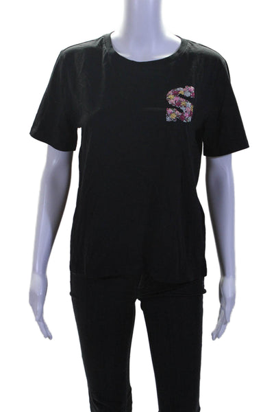 Sandro Womens Short Sleeve Embroidered S Tee Shirt Black Cotton Size 1