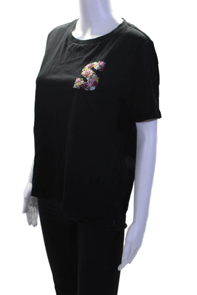 Sandro Womens Short Sleeve Embroidered S Tee Shirt Black Cotton Size 1