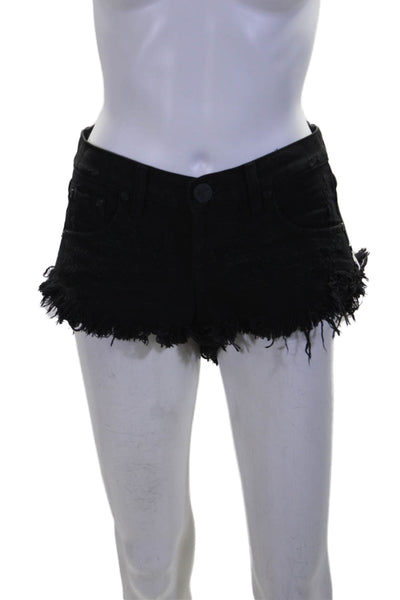 One by One Teaspoon Womens Distressed Fringe Low Rise Denim Shorts Black Size 23