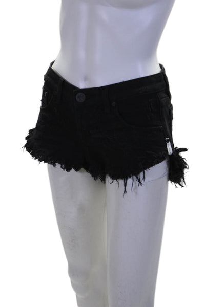 One by One Teaspoon Womens Distressed Fringe Low Rise Denim Shorts Black Size 23