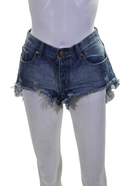 One by One Teaspoon Womens Distressed Fringe Low Rise Denim Shorts Blue Size 24