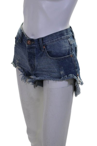 One by One Teaspoon Womens Distressed Fringe Low Rise Denim Shorts Blue Size 24