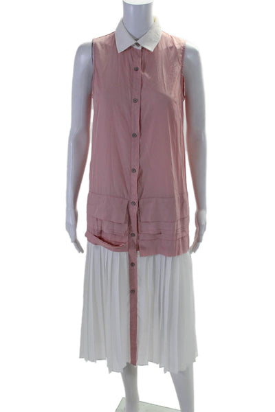 Maac Womens Accordion Pleat Button Down Dress Pink White Size Extra Small