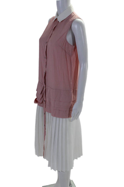 Maac Womens Accordion Pleat Button Down Dress Pink White Size Extra Small