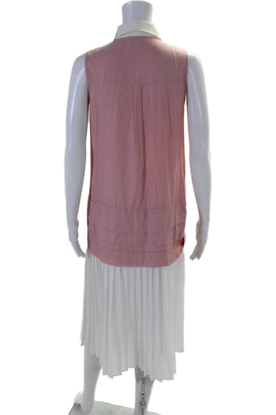 Maac Womens Accordion Pleat Button Down Dress Pink White Size Extra Small