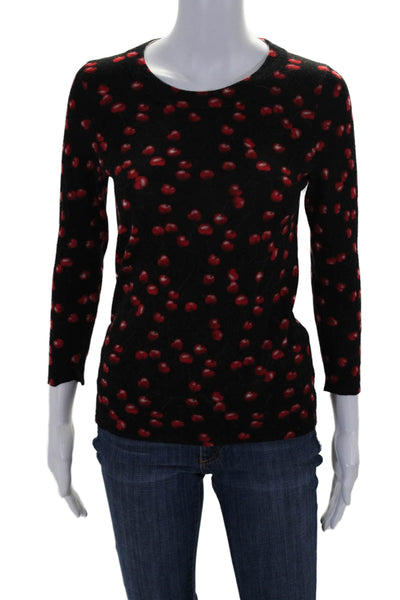 J Crew Womens Merino Wool Black Cherry Print Crew Neck Sweater Top Size XS