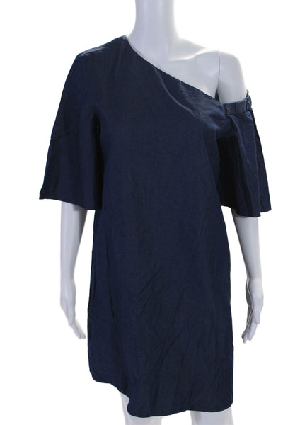 Tibi Womens One Shoulder Short Sleeves Mini Shirt Dress Blue Cotton Size 4