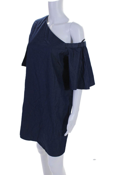 Tibi Womens One Shoulder Short Sleeves Mini Shirt Dress Blue Cotton Size 4