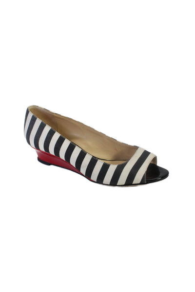 Kate Spade New York Womens Striped Peep Toe Wedges Black White Size 7 B