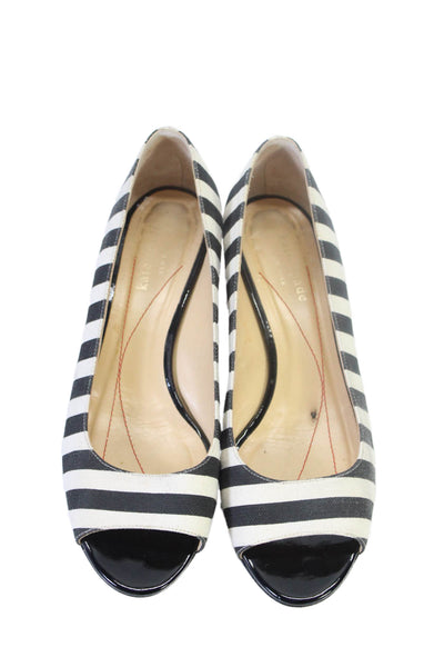 Kate Spade New York Womens Striped Peep Toe Wedges Black White Size 7 B