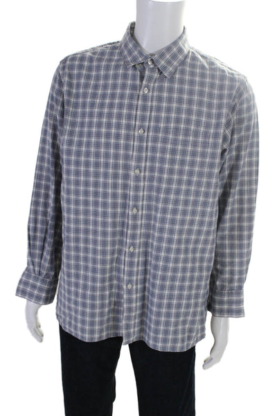 OFFICINE GENERALE Mens Button Front Collared Plaid Shirt White Blue Size Medium