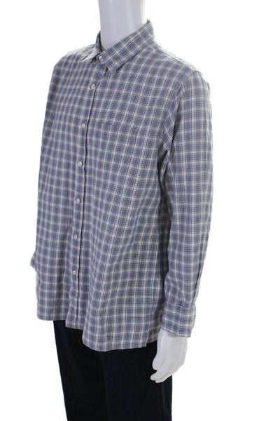 OFFICINE GENERALE Mens Button Front Collared Plaid Shirt White Blue Size Medium