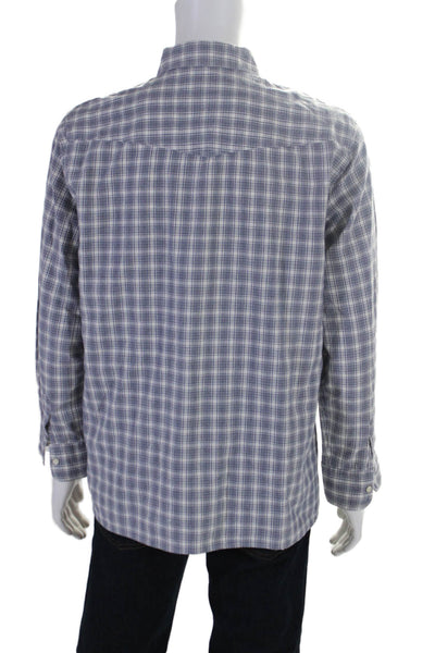 OFFICINE GENERALE Mens Button Front Collared Plaid Shirt White Blue Size Medium