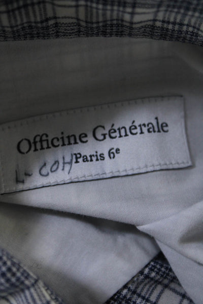 OFFICINE GENERALE Mens Button Front Collared Plaid Shirt White Blue Size Medium