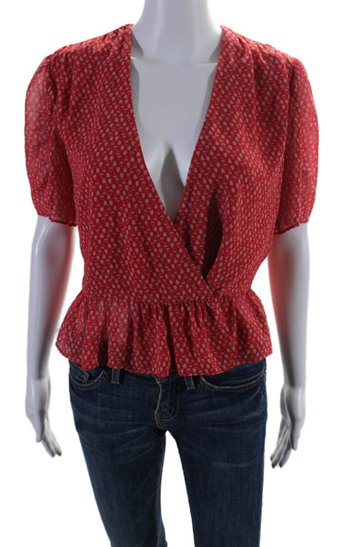 Allsaints Women's V-Neck Short Sleeves Ruffle Heart Print Blouse Red Size 6