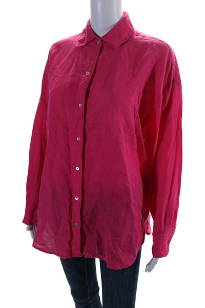 Unsubscribed Womens Linen Blend Long Sleeve Button Up Blouse Top Pink Size XXS